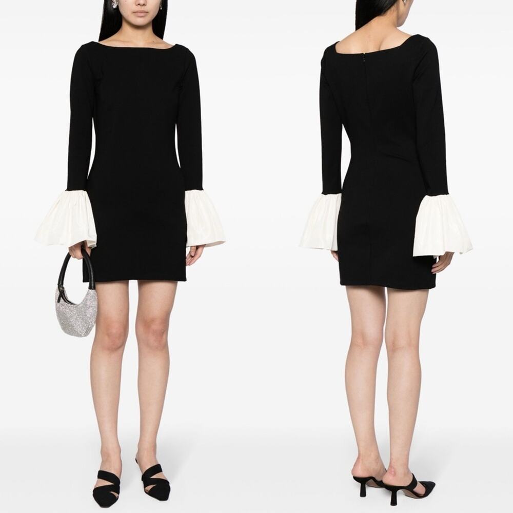 STAUD Black Long Sleeve Mini Dress with White Bell Cuffs - Picture 11 of 14